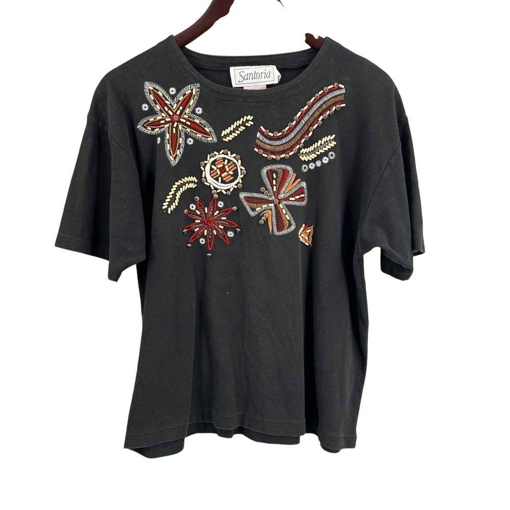 Vintage 90s Santoria Black Embroidered Beaded T-Shirt‎ Boho Artsy Y2K Top Large
